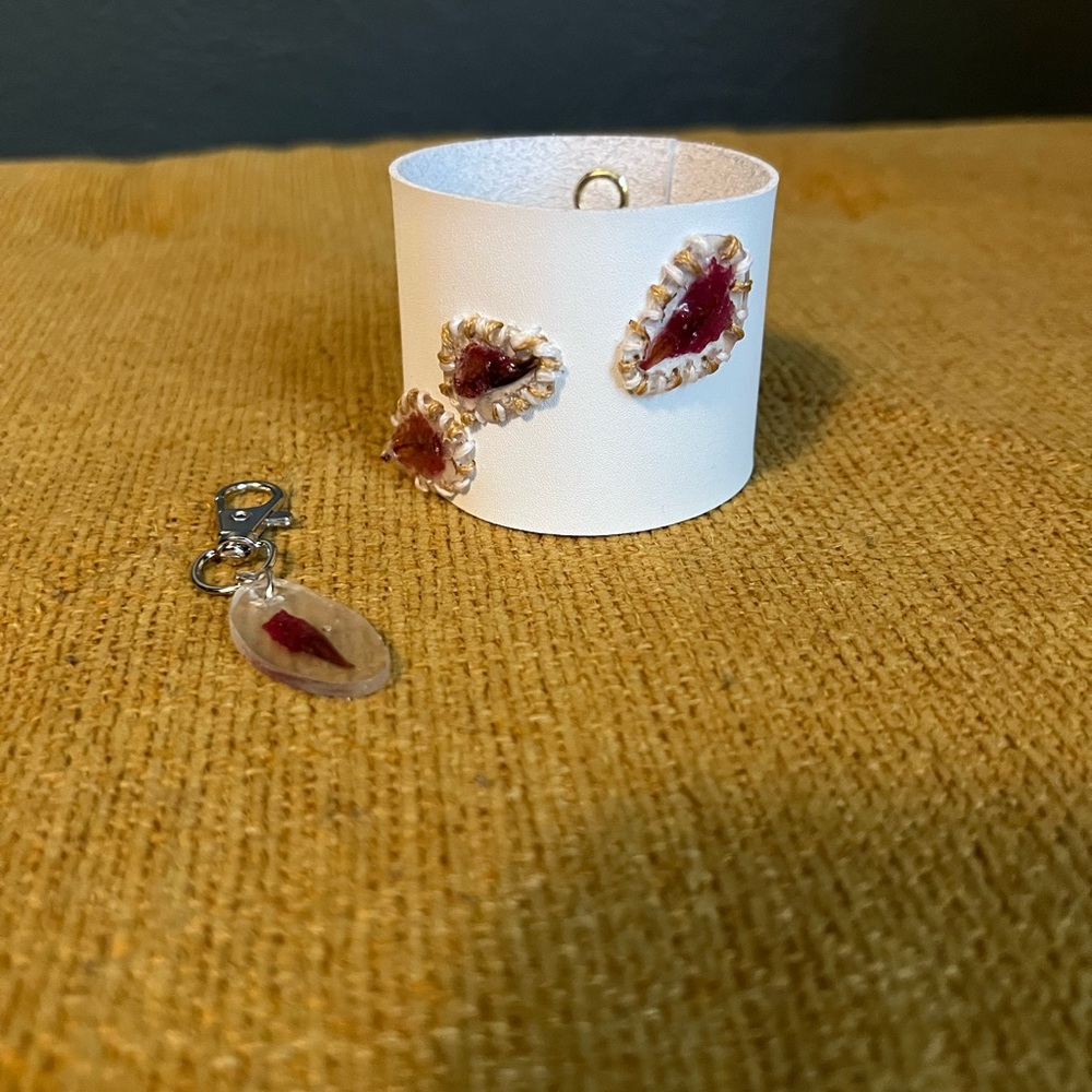 Hand made White leather Cuff Bracelet with Pink petal Accents